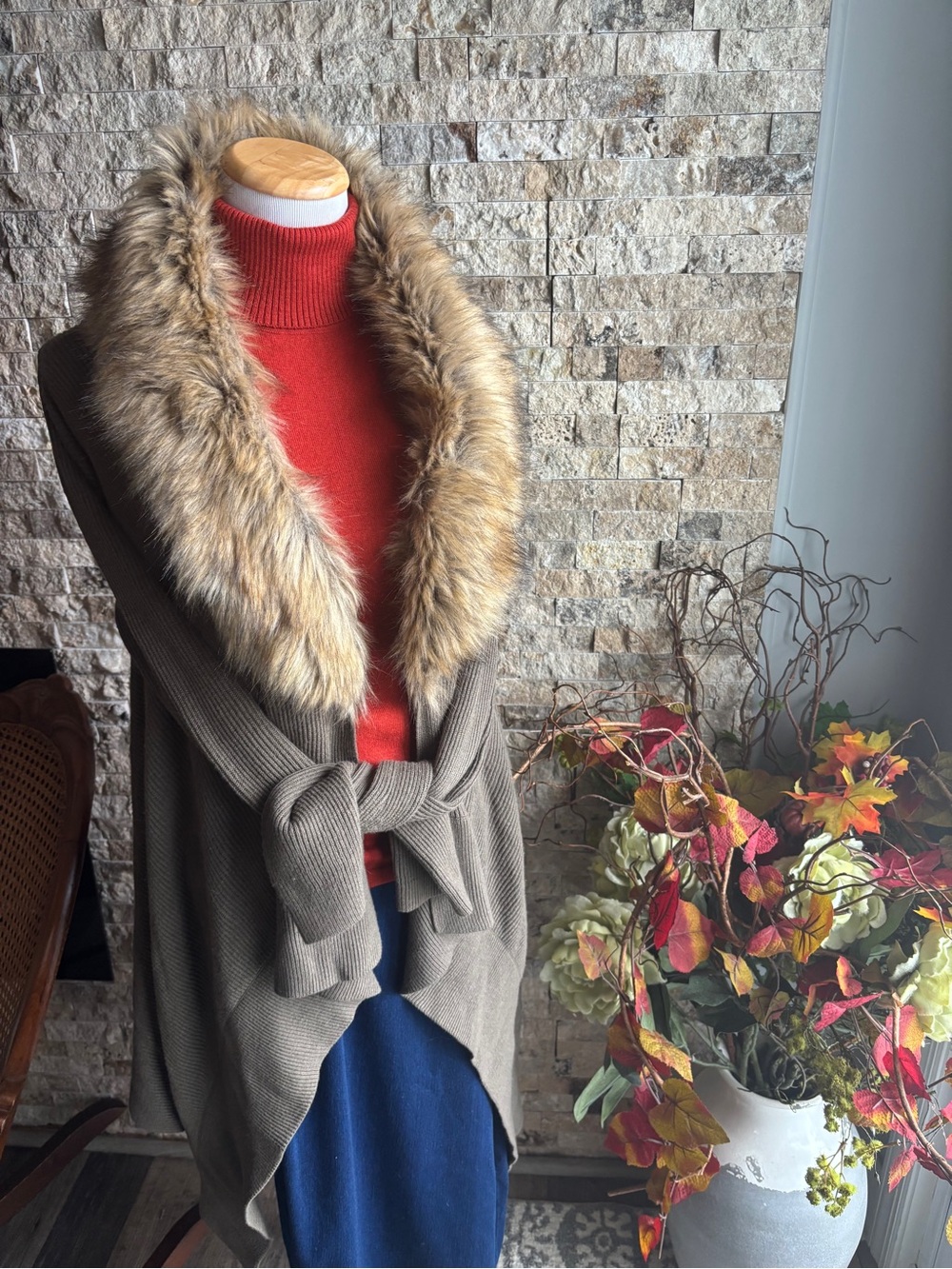 INC International Concepts Olive Wrap Cardigan with Faux-Fur Collar